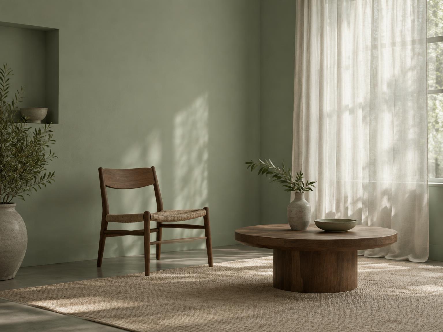 A quiet room in soft daylight with pale sage walls, a wooden chair and a low table